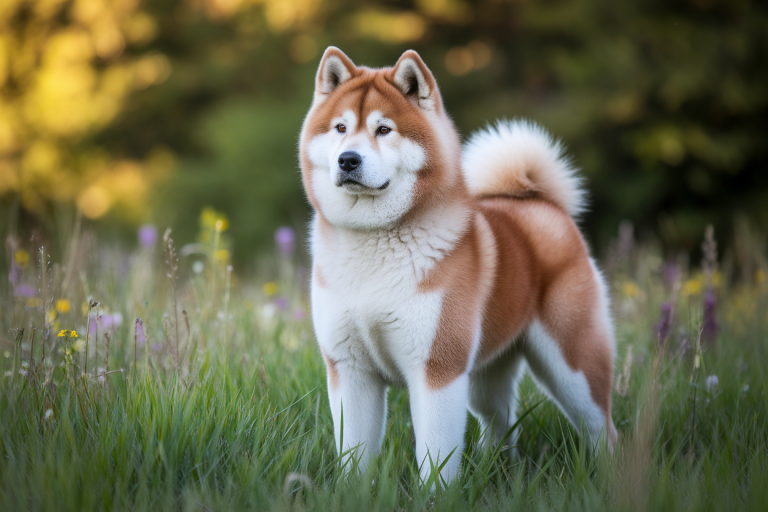 akita-inu-poil-dore-fleurs
