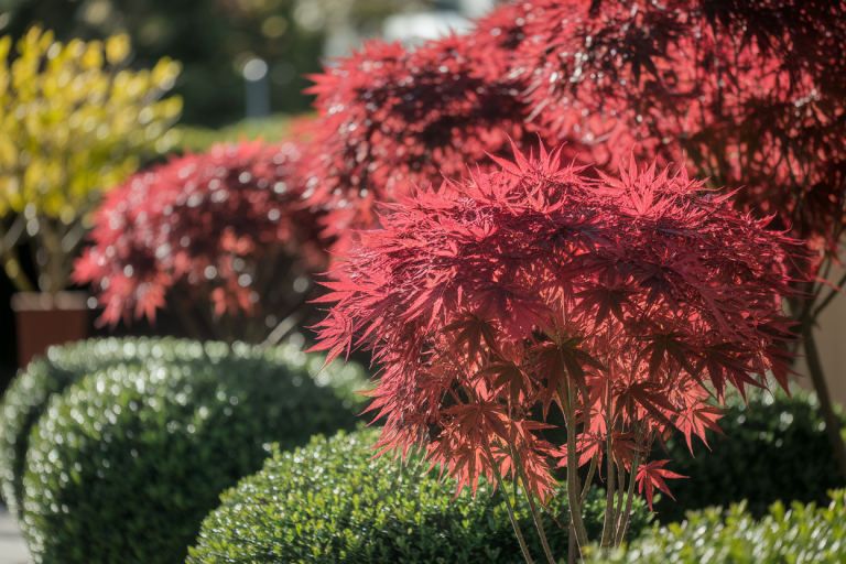 arbre-rouge-centre-jardin-luxuriant