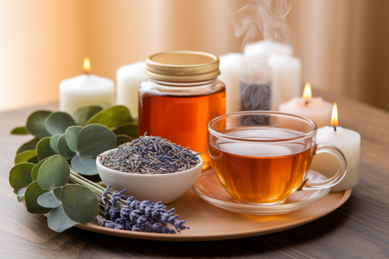 table-bois-miel-the-lavande-bougies